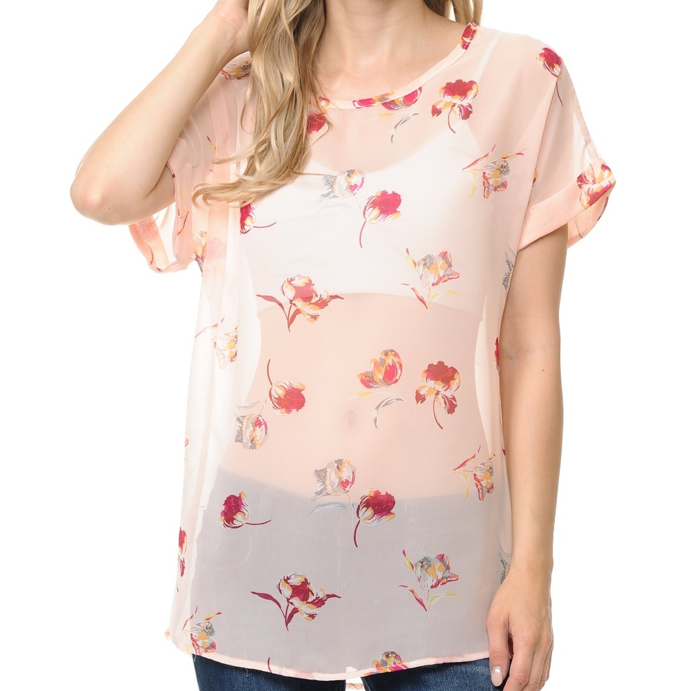 Peach Floral Print Short Sleeve Tunic